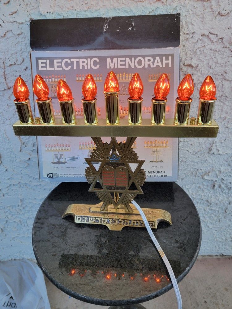 Vintage Solid Brass Electric Jerusalem Menorah Hanukkah Chanukah Judaica Israel with box