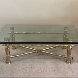Antique Vintage Mid Century Modern Hollywood Regency Gold Glam Thick Faux Bamboo Base Glass Top Coffee Cocktail Table