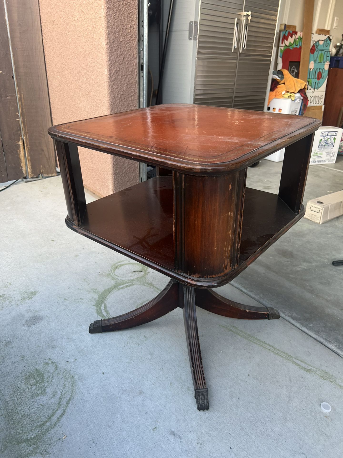 Antique Square Table With Leather Top 