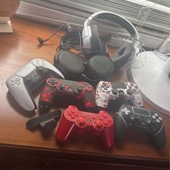lot full of playstation controllers and headsets