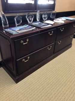 4 Drawer Long Mahogany Finish Wood Office File Cabinet