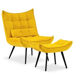 Mcombo Accent Chair with Ottoman, Velvet Modern Tufted Wingback Club Chair, Upholstered Leisure Chairs with Metal Legs for Bedroom Living Room 4079