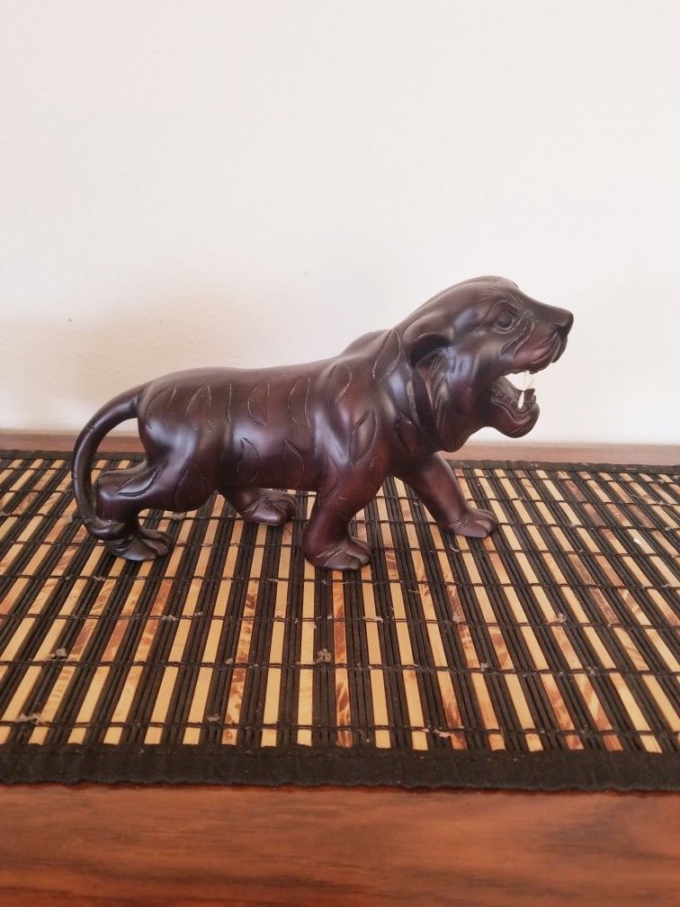 2 Vintage Hand Carved Solid wood Tiger Sculpture