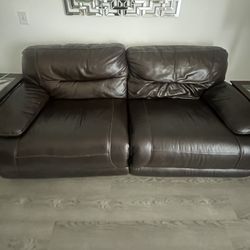 Dark Brown Leather Couch And Beige Chair 