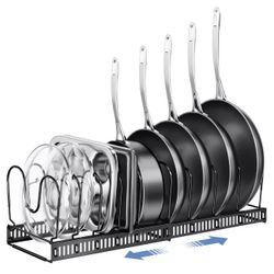 Pots and Pans Organizer under Cabinet with Pot Lid Organizer, Expandable Rack for Pan and Pot Organizers Inside Cabinet, 12"-23" Adjustable with 10 Di