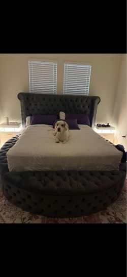 Luxury Grey Velvet Tufted Bed Frame with Built-In Storage Bench - $500