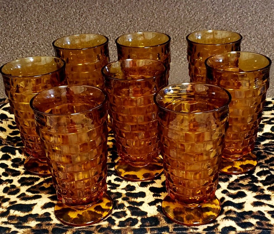 8 Vintage Indian Amber Whitehall Cube Cubist Pattern Pedestal 12 oz. Tumblers (Heavier Thick Glass)