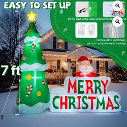 7ft Christmas Inflatable Tree with Santa and Sign Outdoor Decoration