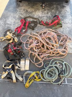 Fall Protection Lot – Roof Anchors, 5 Harnesses, Rope & Gear