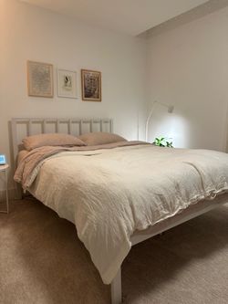 Bed Frame (Queen) with Vertical Bar Headboard - Metal, White
