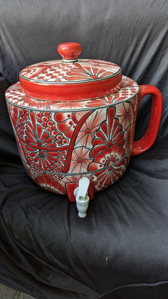 3 Gallon WATER CROCK, Talavera Mexican pottery, glazed paint folk art 