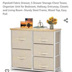 Fabric Dresser, 5 Drawer Storage Chest Tower, Organizer Unit for Bedroom, Hallway, Entryway, Closets and Living Room -Sturdy Steel Frame, Wood Top