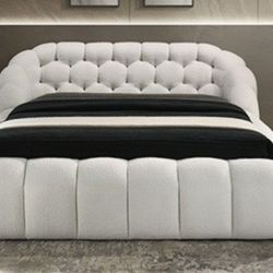 Brand New White Chenille Queen Size Platform Bed Frame (Available In Eastern King)