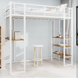 Metal Loft Bed with Built-in L-Shaped Desk & Storage Shelves twin size