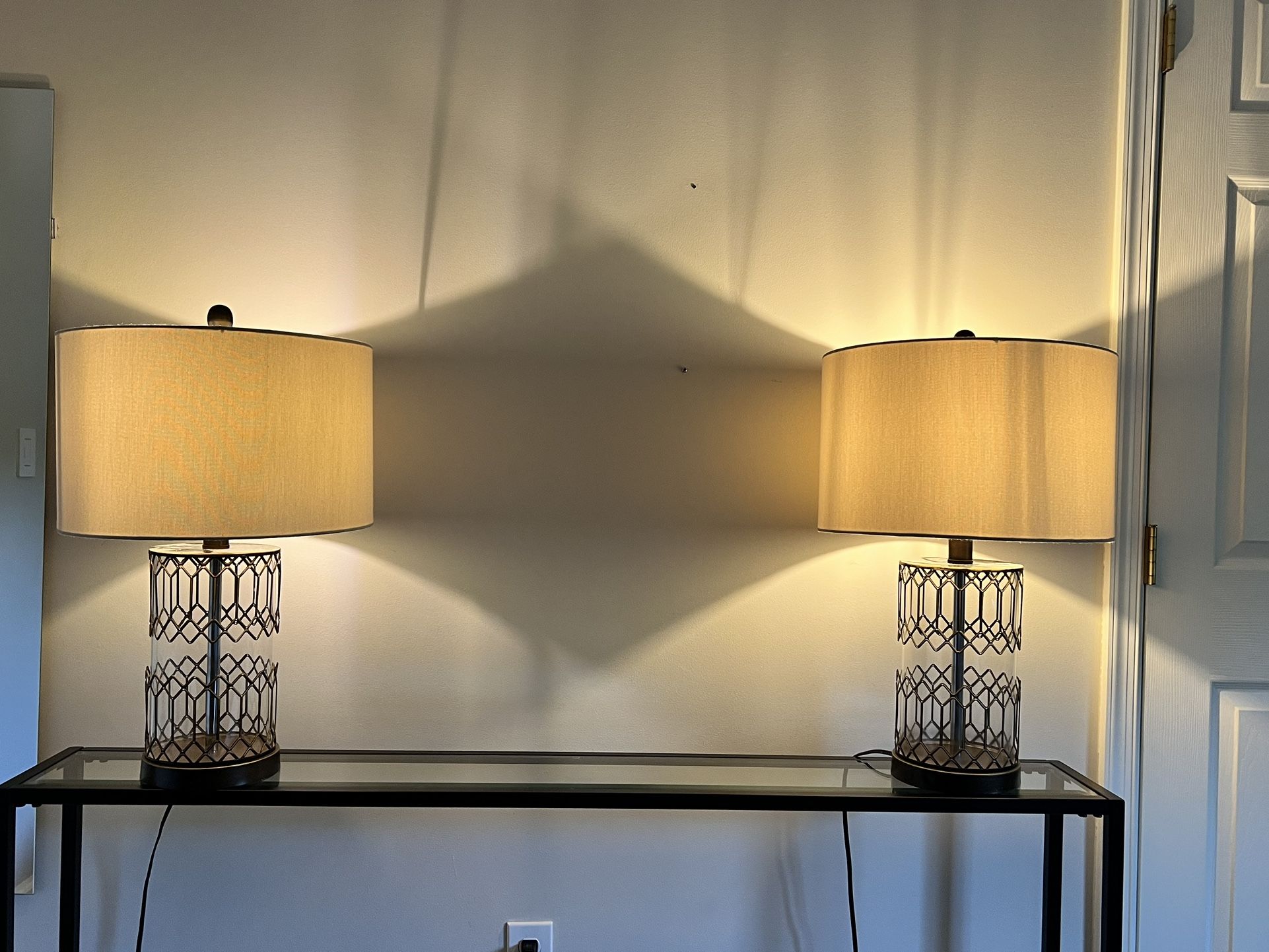 Pair Of Glass And Metal Lamps With Lamp Shade