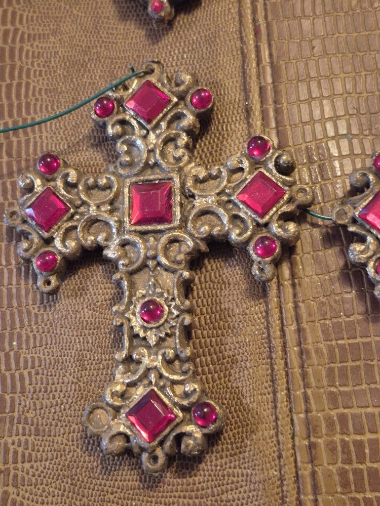 4 Vintage acrylic ruby red Crosses christmas ornaments