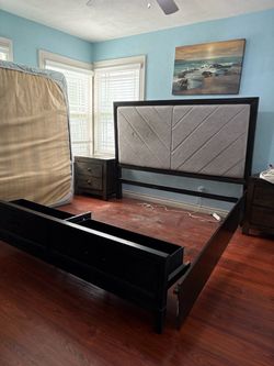 King Bed Frame with Upholstered Headboard and Storage Drawer