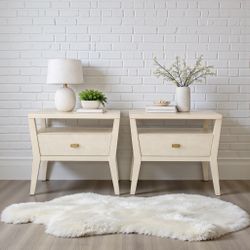 Pair of Modern Cream Nightstands with Antique Gold Hardware 