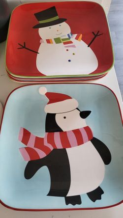 Set of 6 Target Home SLEDDIN HILL Snowman & PENGUIN 8.75" Salad Plates Holiday 07