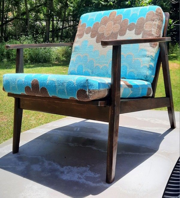 Unique Mid Century Modern Vintage LOUNGE CHAIR with Nordic designer fabric and refinished wood And Others