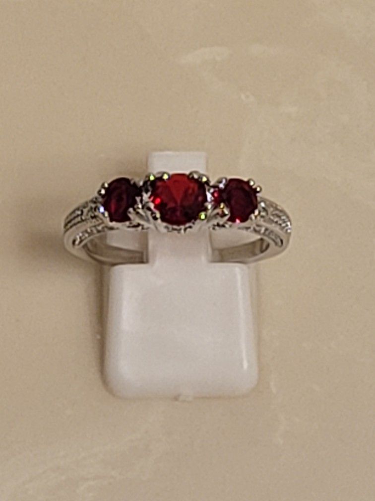 Silver CZ and Ruby Ring Size 8