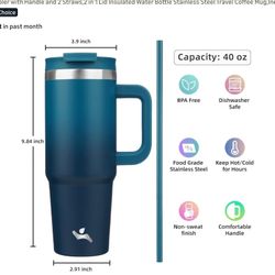 Konokyo 40 oz Tumbler with Handle and 2 Straws,2 in 1 Lid Insulated Water Bottle Stainless Steel Tra