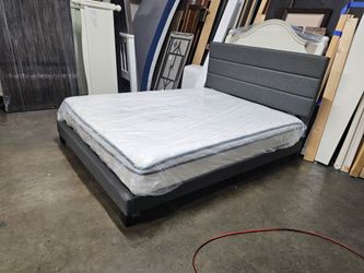Queen Gray Upholstered Platform Bed Frame with Mattress