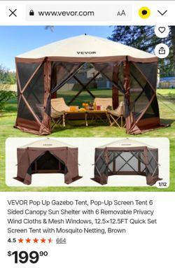 VEVOR Pop Up Gazebo Tent, Pop-Up Screen Tent 6 Sided Canopy Sun Shelter with 6 Removable Privacy Wind Cloths & Mesh Windows, 12.5x12.5FT Quick Set Scr