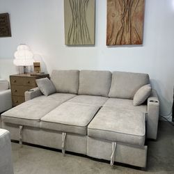 NEW Sleeper Sofa Bed With Pull Out Chaise & Ottoman in Gray Tan - FREE Delivery