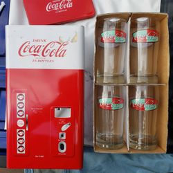 Coca Cola Canisters With Four Glasses  8oz