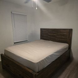 Queen Size Wood Storage Bed Frame with Headboard, 2 Drawers, Contemporary Brown, INCLUDING MATTRESS