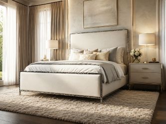 Contemporary Chrome Finish Upholstered Bed Frame Queen King Linen Fabric Cama