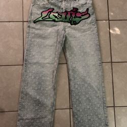 Louis Vuitton Graffiti Monogram Baggy Denim Jeans Size 34