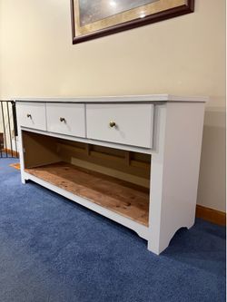Refurbished Farmhouse Console Table | Solid Wood | White & Stained Shelf | 3 Drawers