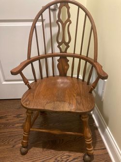 Vintage solid wood  desk / dining chair - Farmhouse Pine Windsor rolling armchair featuring a distinct bowback design