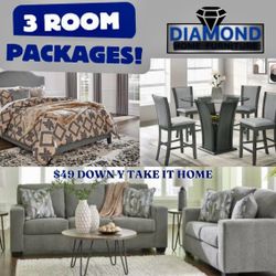 NEW 3ROOM PACKAGE DEAL - BED MATTRESS SECTIONAL SOFA DINING ROOM SPECIAL FINANCING 