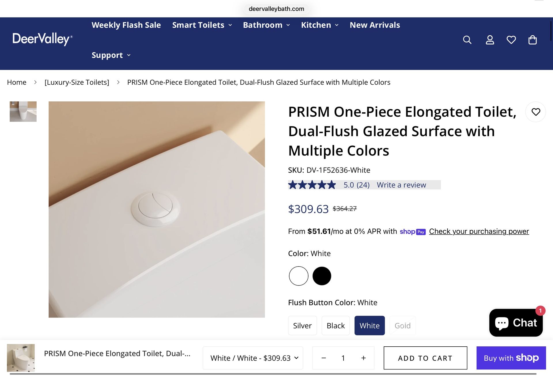 DeerValley PRISM Dual Flush One Piece Toilet