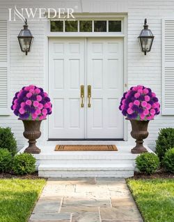 (K-3) Artificial Flowers with Spike for Outdoor: 33in, Pink Purple, 2 Pcs Zero Maintenance Topiary Ball with Ground Spikes for Front Door Yard and Gar