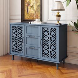 48” Blue Ornate Sideboard w/ 3-Drawers & 2-Door Storage Cabinet  [NEW IN BOX] Retails For $350+ <Assembly Required> 
