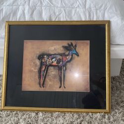 Framed Mixed Media Gazelle Art – 21x25 – Gold Frame (Auction)