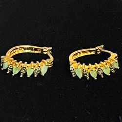 925 Sterling Silver (Stamped )Gold Tone Green Stone Hoop Earrings