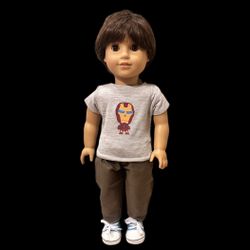 3 Pc 18” Boy Doll Outfit, Gray Iron Man Novelty Tee Shirt, Brown Pants & Blue Canvas Shoes Fits American Girl