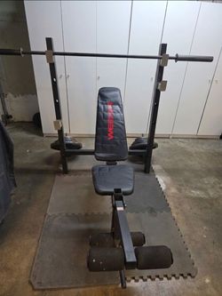 Weider Adjustable Weight Bench Set + Barbell & 170 lbs Cast Iron Plates