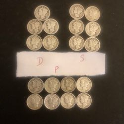 Mercury dimes – 8 Different Philadelphia mint – 6 different San Francisco mint and 5 Different Denver mint – total 19 Coins 