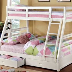 NEW WHITE TWIN OVER FULL BUNK BED W/ TRUNDLE DRAWERS
