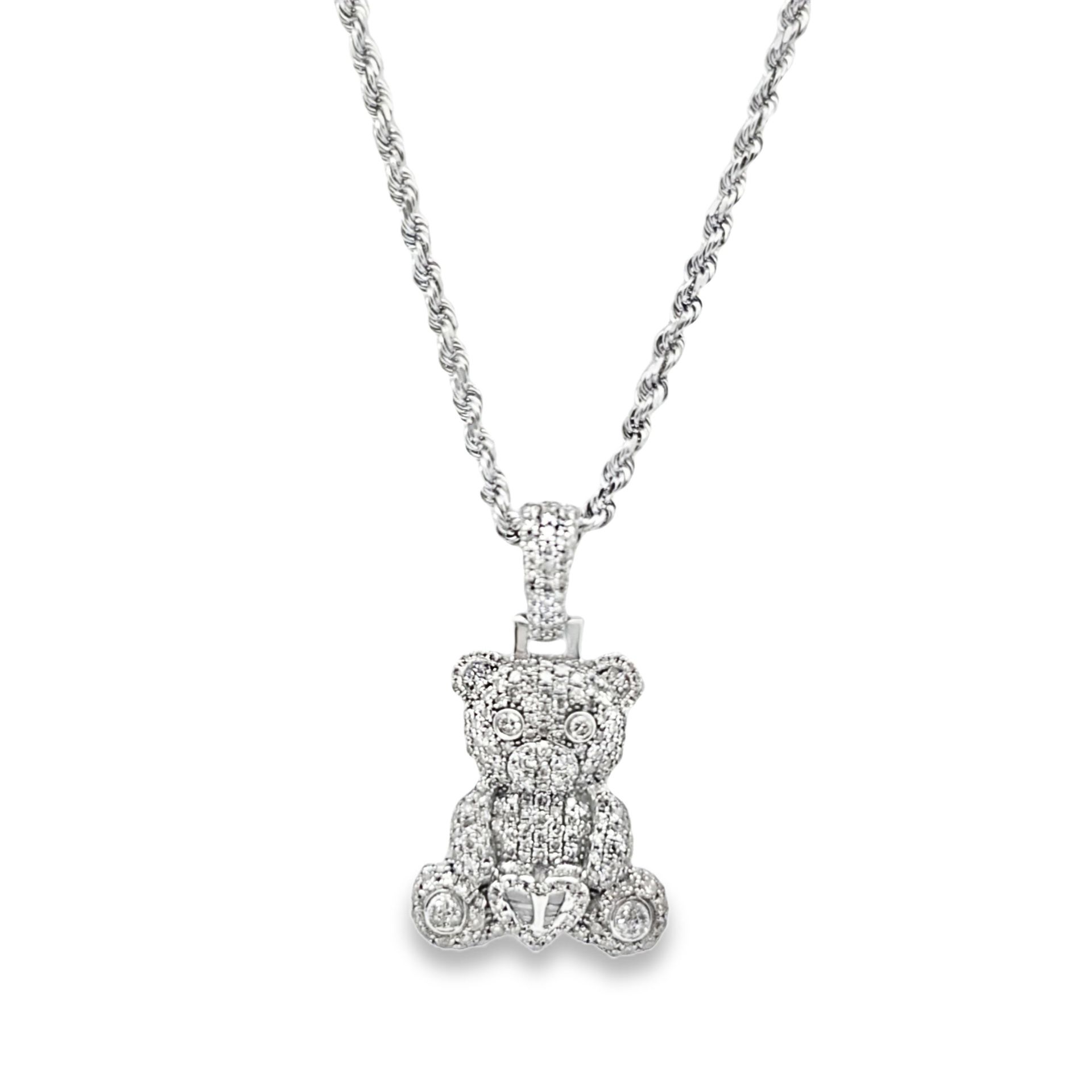 14k White Gold Diamond Rope Chain & Teddy Bear Pendant 1.00 ctw