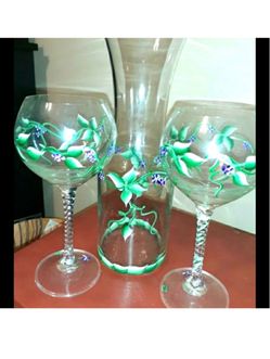 Hand-Painted Green Floral Wine Glasses and Decanter Set