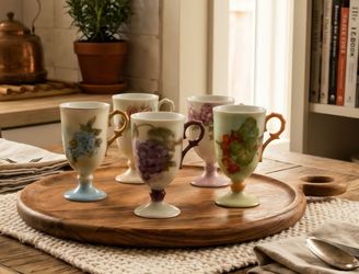 Vintage Hand Painted Porcelain Footed Mugs- Set of 5