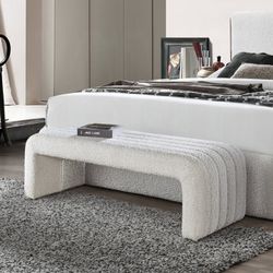 New White Modern Curved Boucle Bench, Free Delivery ✅ Sherpa Bench, Boucle Bedroom Bench