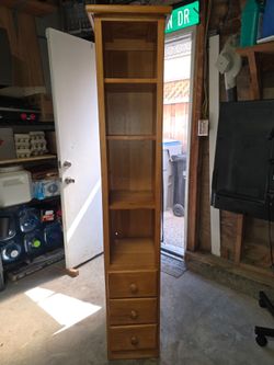 Tall Narrow Wood Bookcase with Drawers